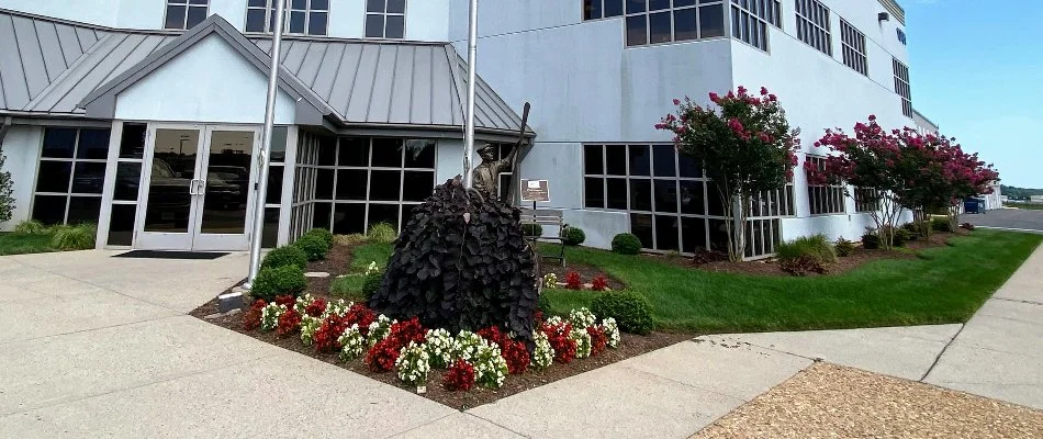 Commercial landscape in Bristow, VA, with flowers, grass, and small trees.