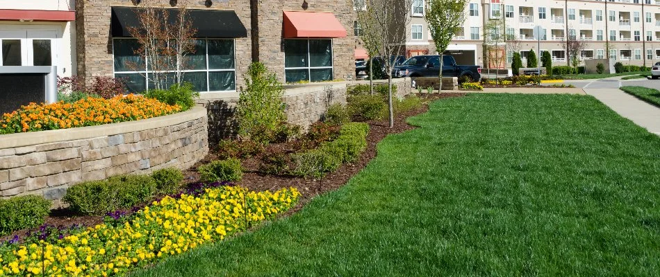 Commercial property with nice landscaping and retaining wall in Bristow, VA.