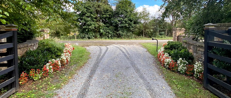 A gravel driveway in Bristow, VA, lined with annual flowers.