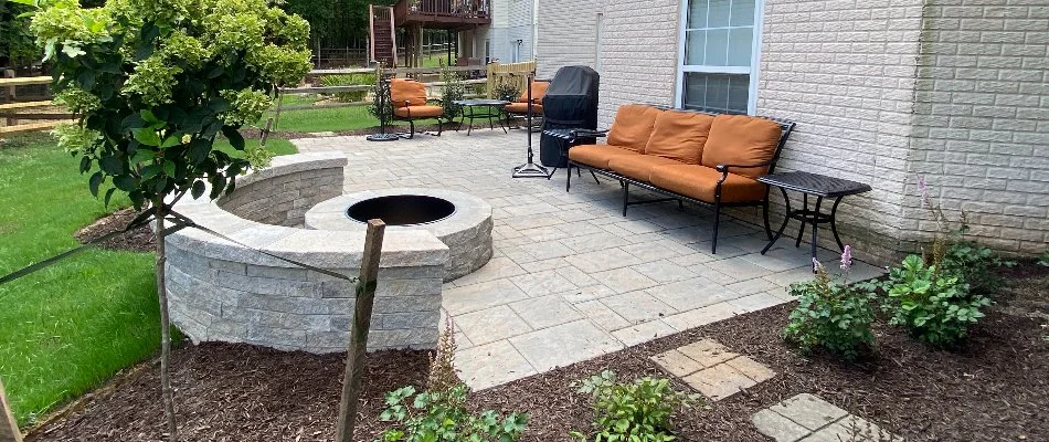 Paver patio with seating and a fire pit in Bull Run, VA.