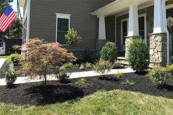 Custom landscape bed with mulch installation and plantings in Bristow, VA.